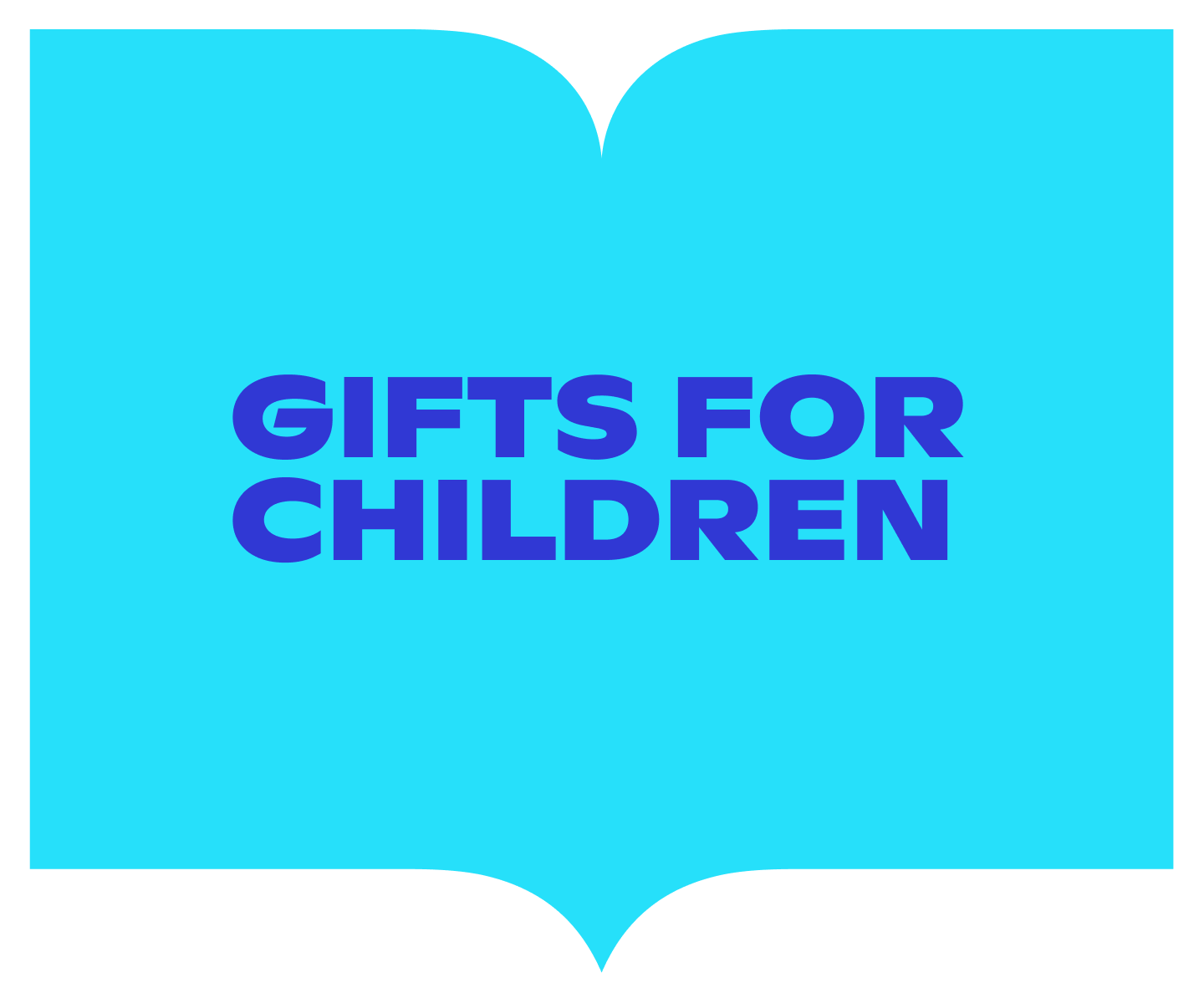 Vibrant blue book-shaped banner with bold purple text reading “Gifts for Children.”