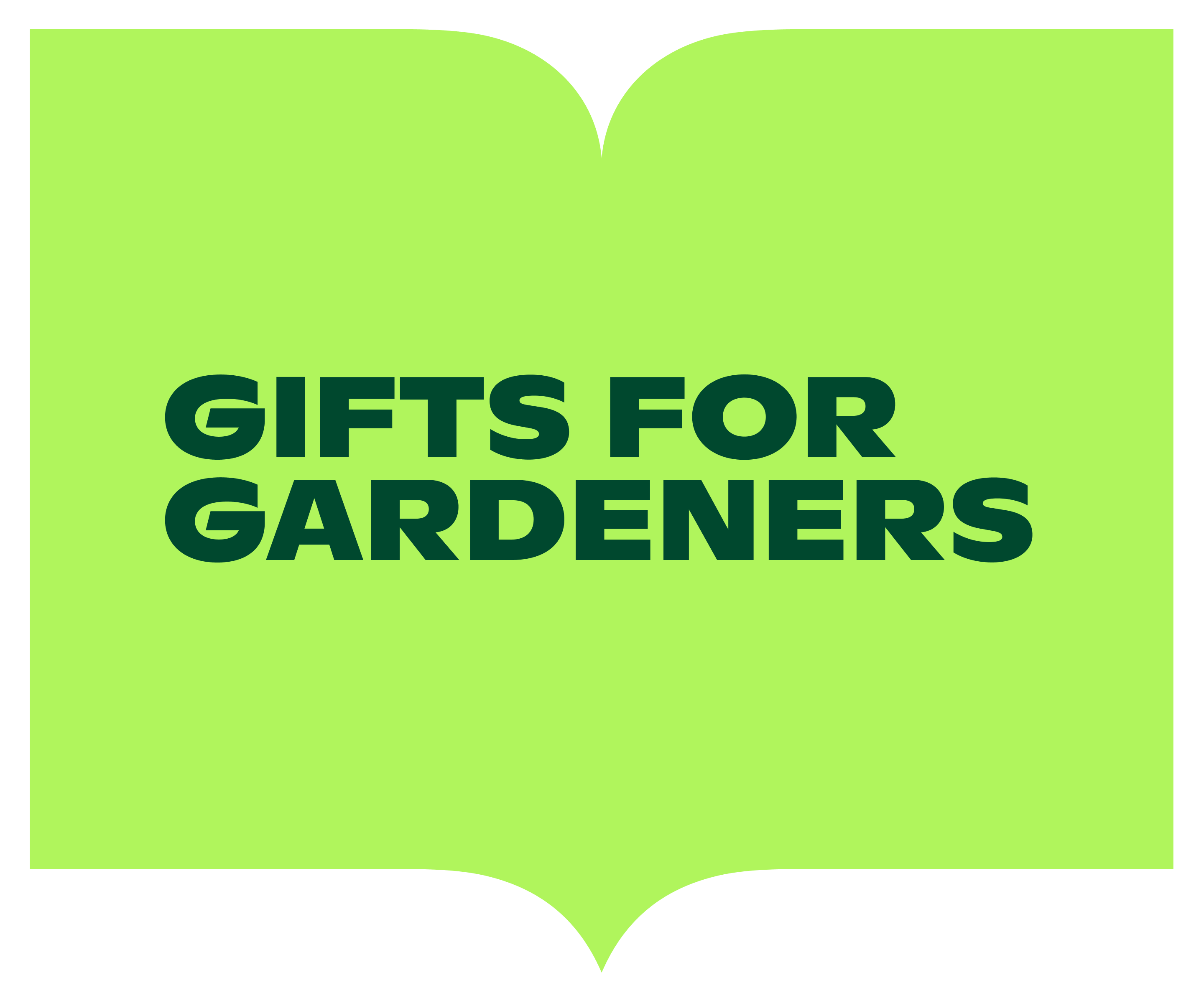 Bright green book-shaped banner with dark green text reading “Gifts for Gardeners.”