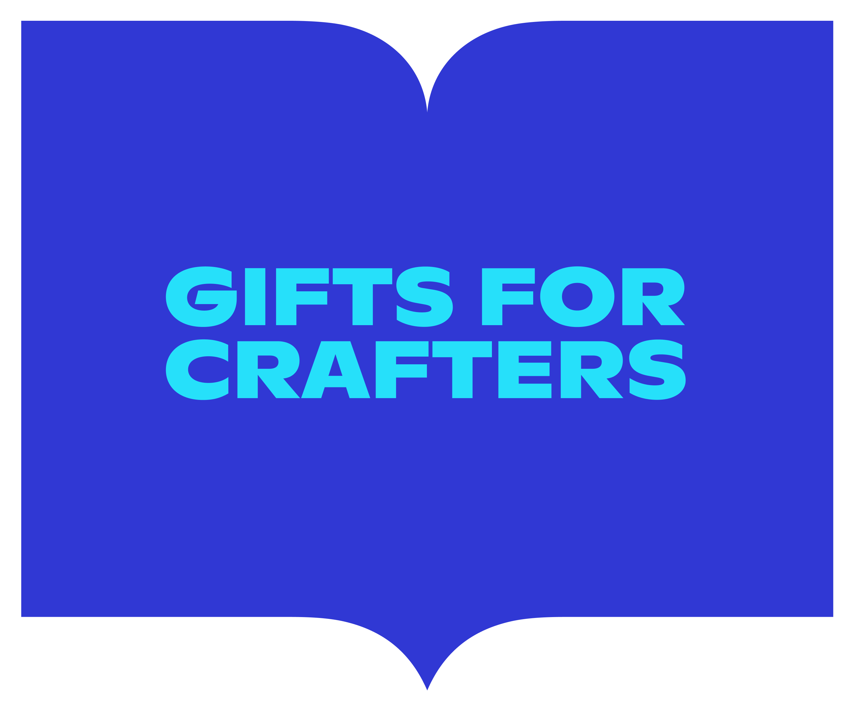Open-book shaped blue graphic with the text ‘Gifts for Crafters’ in bold turquoise letters.